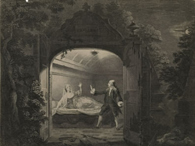 Engraving shows a mausoleum surrounded by trees, door opened, light on, Romeo in 18th century knee britches and coat with hand up looking at Juliet sitting up on a bed on,